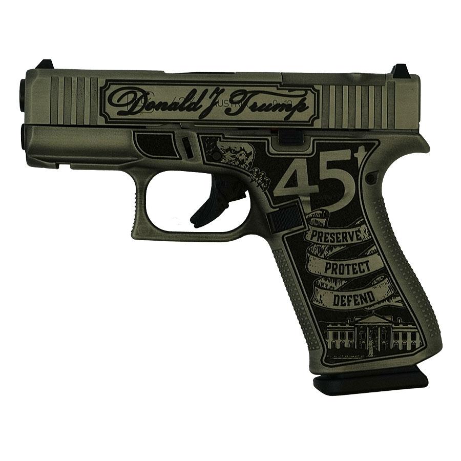 Unveiling the limited Glock 43X MOS Trump 2024 Edition with a front rail & unique silver distressed finish. Perfect for collectors & tactical shooters.